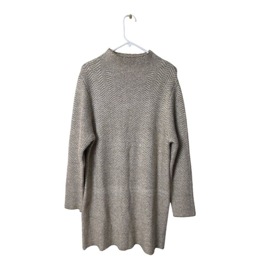 Max Studio Womens XL Chevron Knit Long Sleeve Tunic Sweater Dress Beige & White